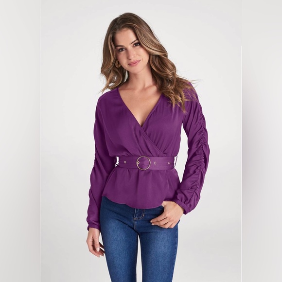 Venus Deep V-Neck Belted Blouse In Violet - Picture 1 of 6